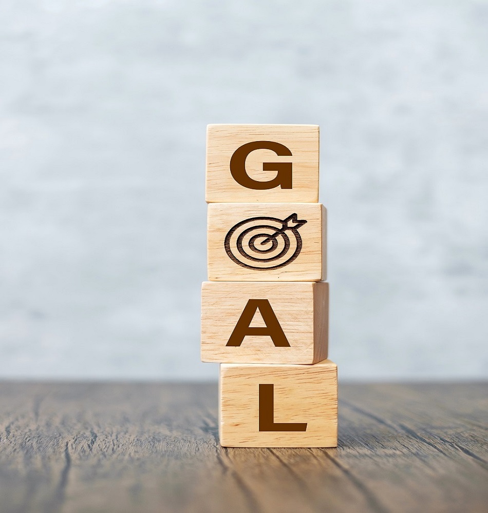 GOAL block with dartboard sign. Business Goal, Target, Objective, strategy, plan, Action motivation, mission and process concepts